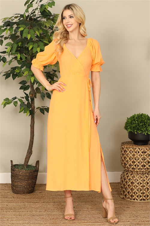 Tangerine Puff Sleeve Wrap Midi Dress