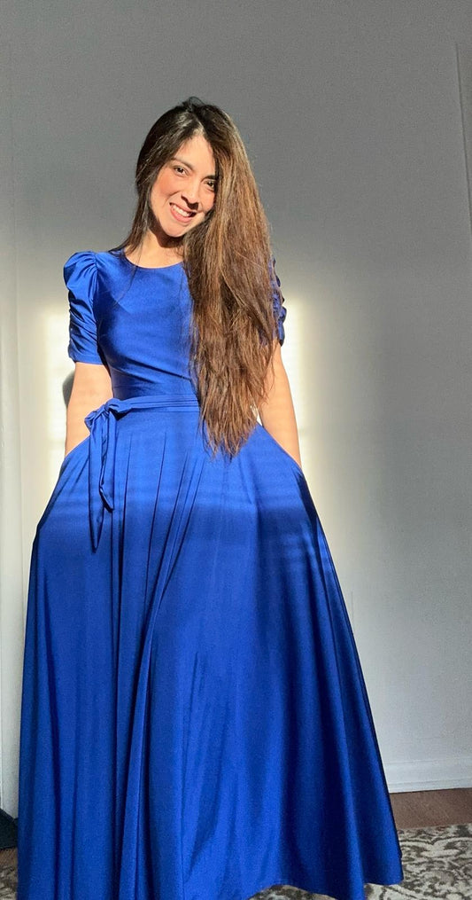 Electric Blue Puff Sleeve Maxi Dress