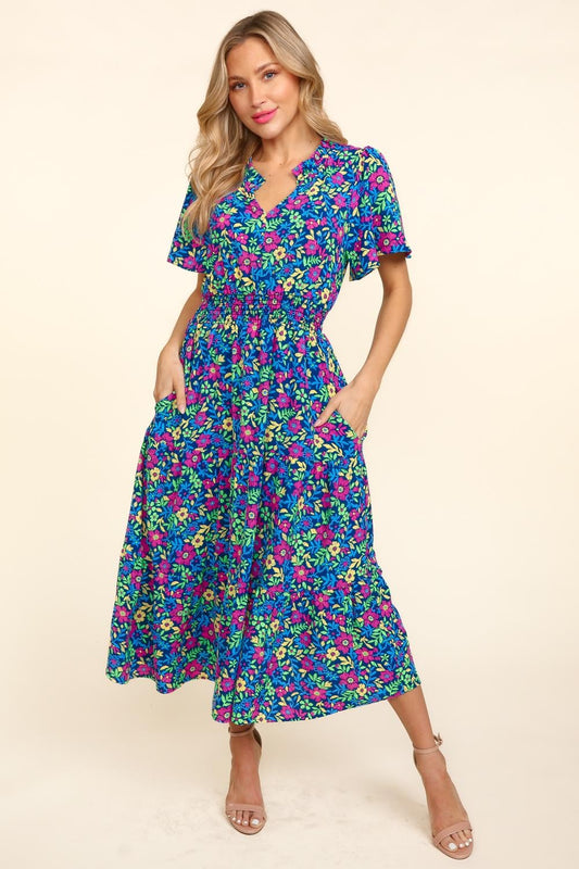 Printed Notched Short Sleeve Dress