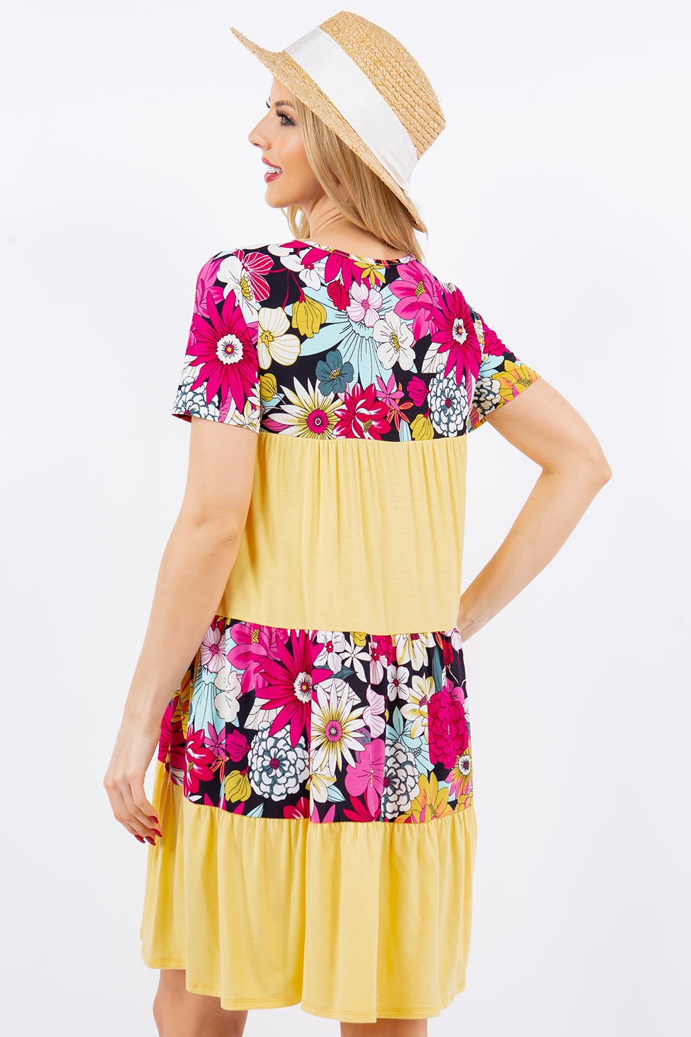 Color Block Floral Short Sleeve Dress